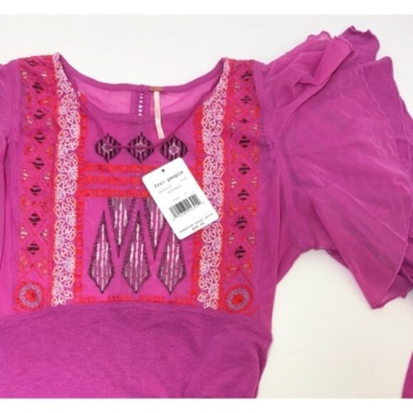 Free People Womens Purple Long Flutter Sleeve Embroidered Top Sz M New - Picture 5 of 11